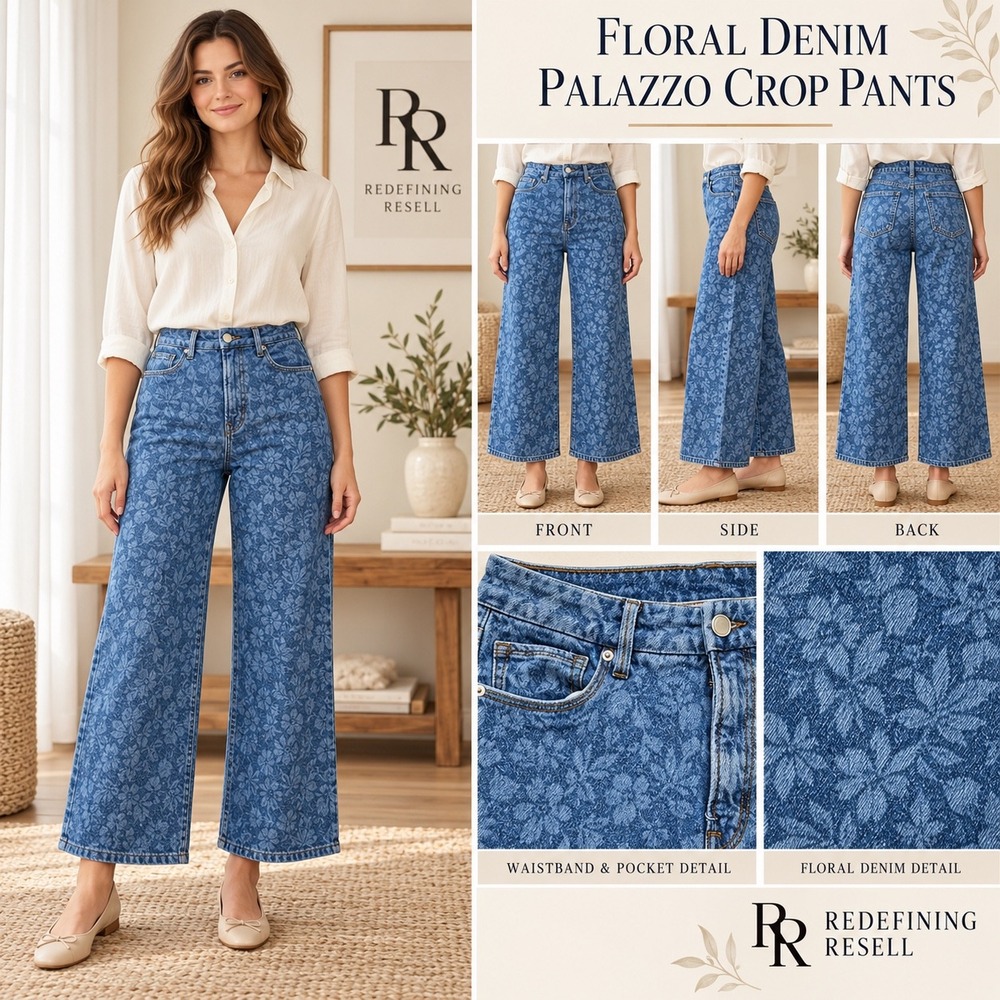 Good American Good Waist Palazzo Crop Floral Denim Wide Leg Jeans Blue 10/30